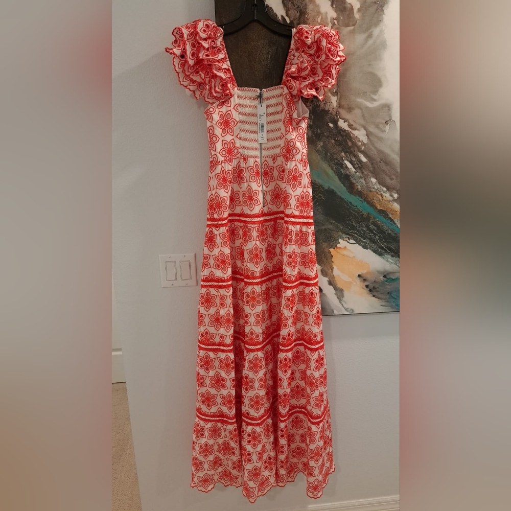 Alice + Olivia White Maxi Dress with Red Floral Eyelet Pattern - Picture 6 of 12